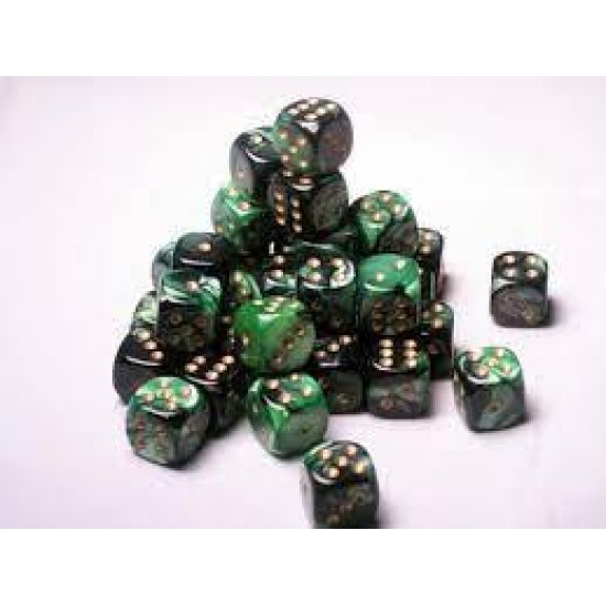 Chessex Gemini 12Mm D6 Dice Blocks With Pips Dice Blocks (36 Dice) - Black-Green With Gold