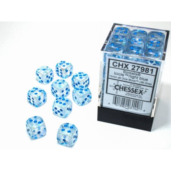 Dice Set Bor Lum Icicle/Light Blue 12Mm D6 (36)